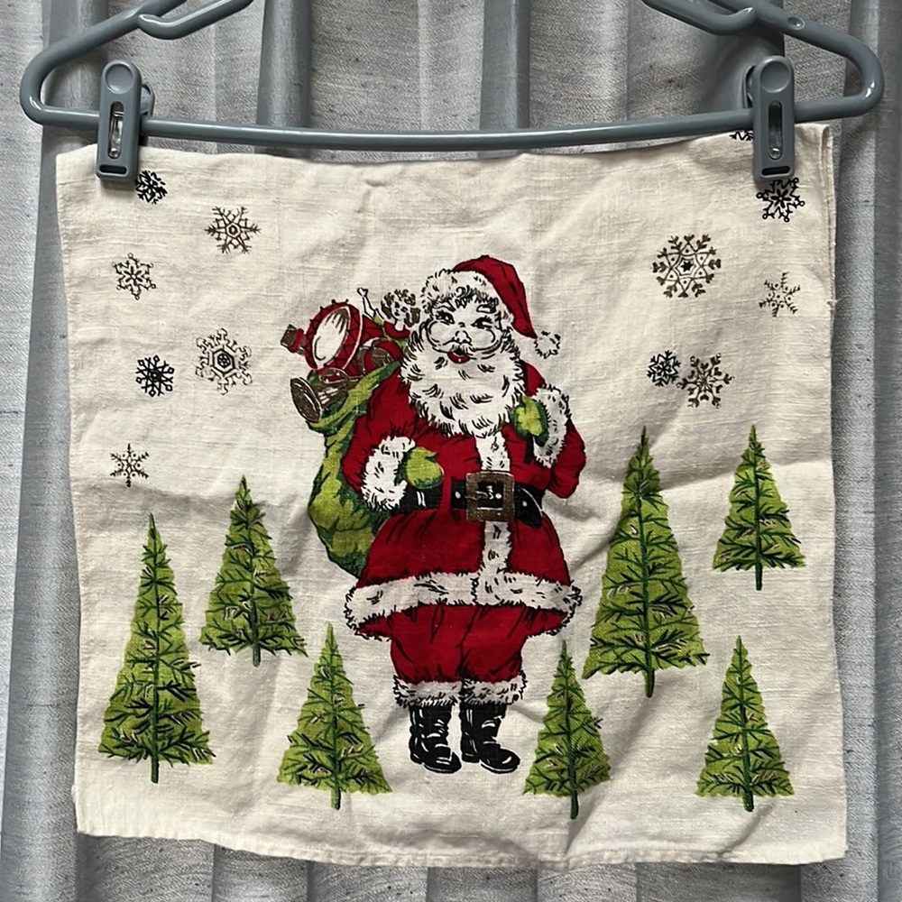Vintage Parisian Prints Santa Claus Linen Kitchen Tea Towel Christmas Retro 50’s